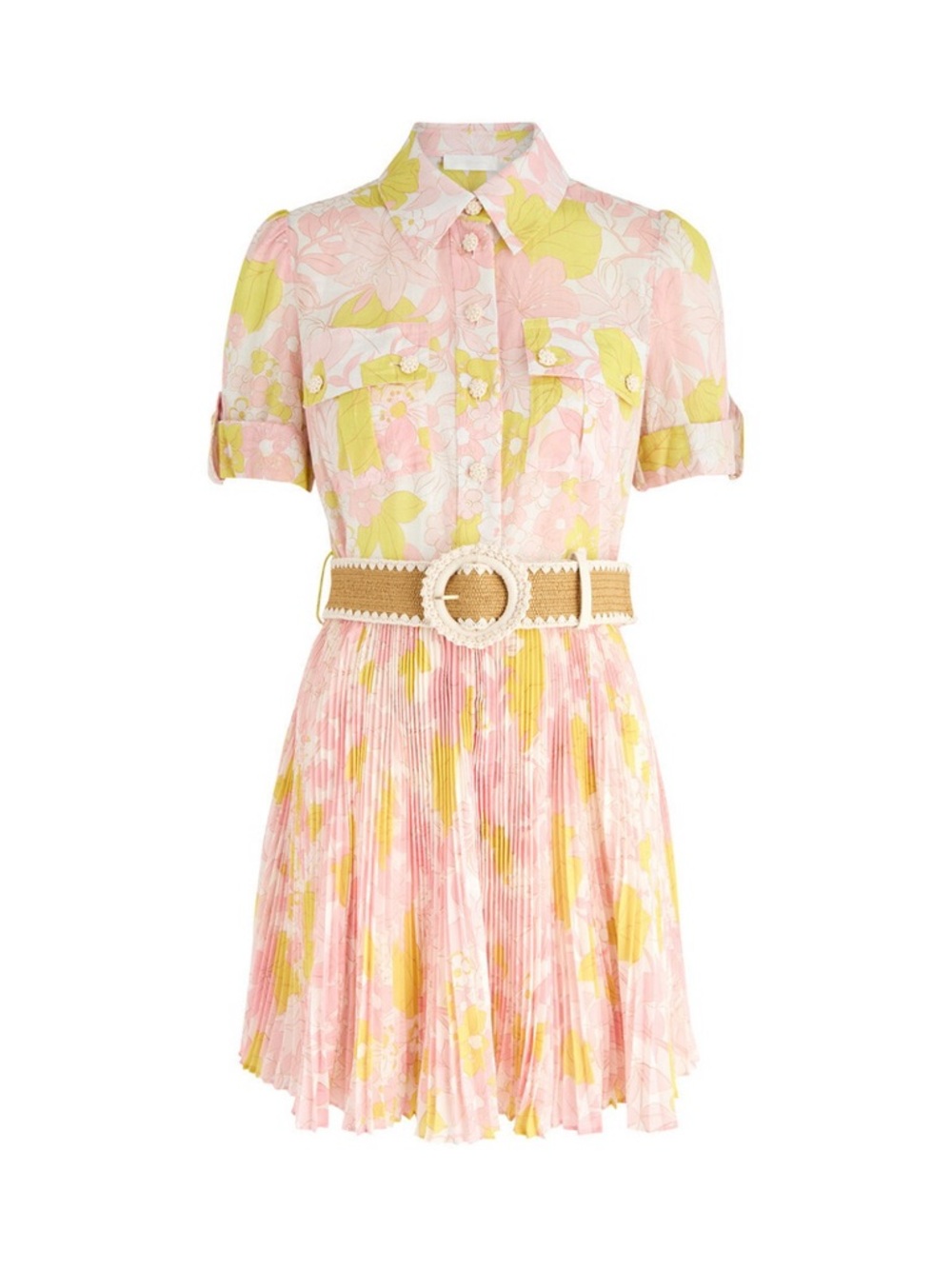Zimmermann Pop Printed Pleated Mini Shirt Dress Multi Floral